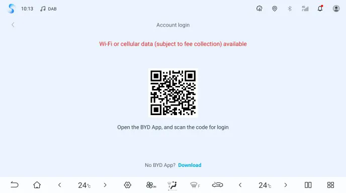 Head-unit Account login screen with a large QR code, a red notice about Wi-Fi or cellular data, and the instruction to open the BYD App and scan the code for login.