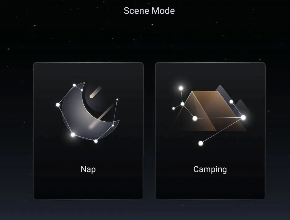 Head-unit Scene Mode screen on a starry background with two tiles: Nap (crescent moon) and Camping (tent).