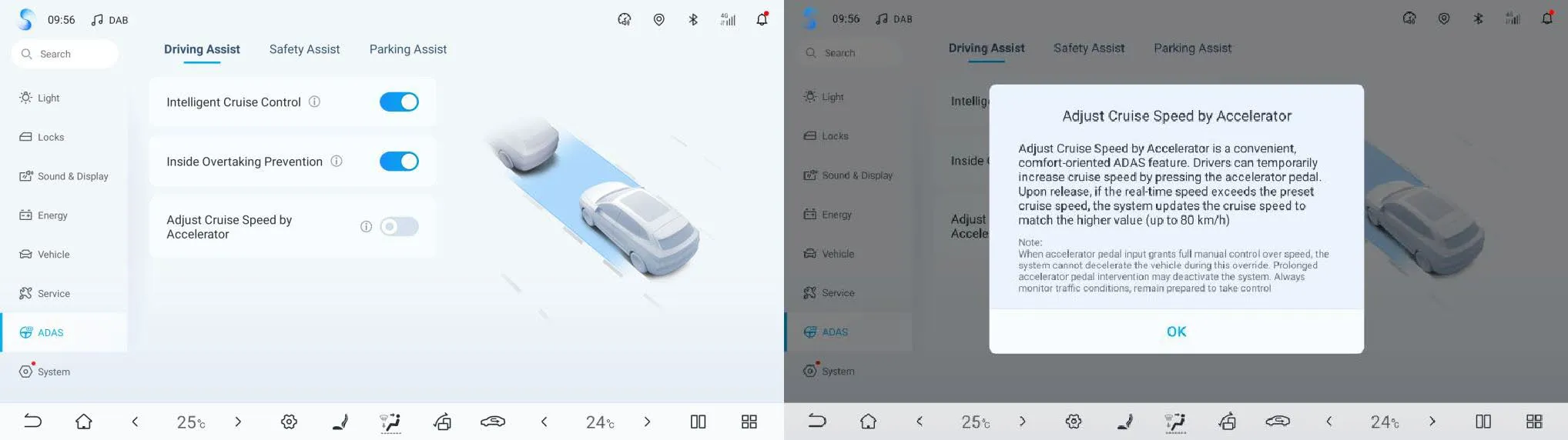 Two head-unit screenshots side by side: the ADAS Driving Assist list with Adjust Cruise Speed by Accelerator switched off, and the same list with the feature’s explanatory dialog open, noting that the cruise speed updates to the higher value up to 80 km/h.