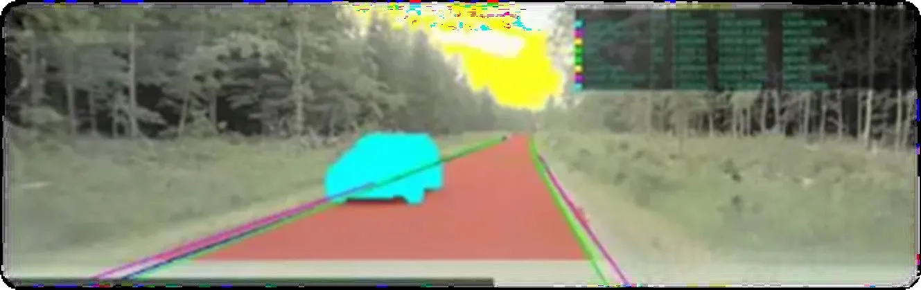 Camera perception view of an unmarked forest road: the drivable surface is shaded red, the road edges are traced with coloured lines, an oncoming vehicle is highlighted in cyan and a debug data panel sits in the top corner.