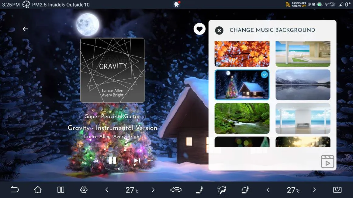 Calm Radio now-playing screen with the track Gravity - Instrumental Version by Lance Allen and Avery Bright over a winter scene, and a Change music background panel offering alternative backdrops.