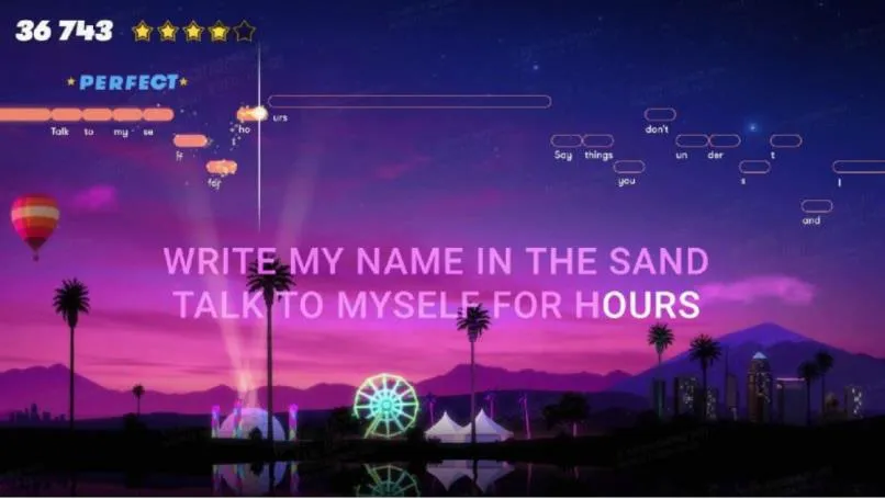Karaoke performance view with scrolling lyrics over an illustrated backdrop, a running score of 36,743, four stars and a PERFECT rating for the current line.