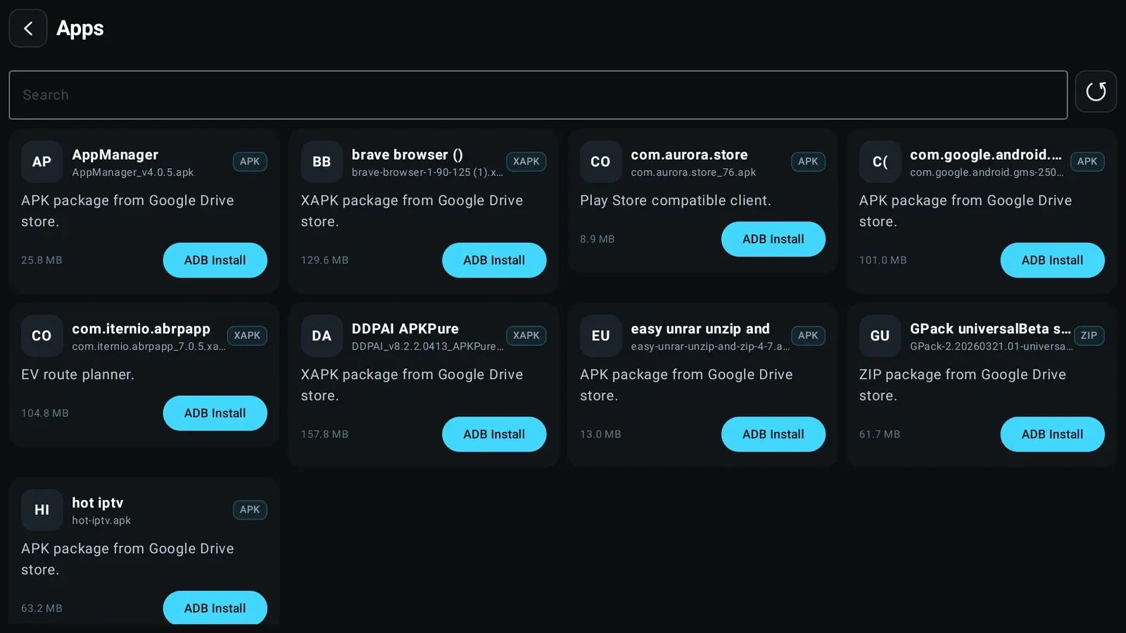 The Apps tab showing a searchable grid of packages — AppManager, Brave, Aurora Store, Google Play services, ABRP, DDPAI, and others — each with its file size and an ADB Install button