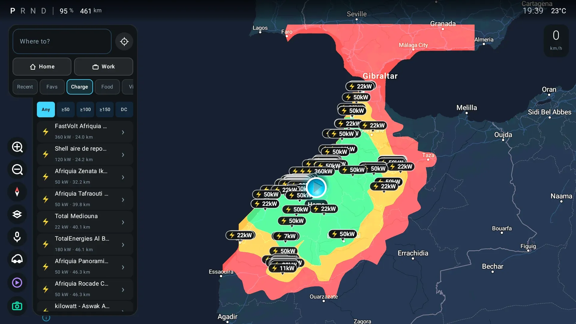 Charging station browser: a filter row for any, 50, 100, 150 kW and DC, a list of nearby stations with power rating and distance, and the map showing power badges from 7 kW to 360 kW over a colour-coded range overlay.
