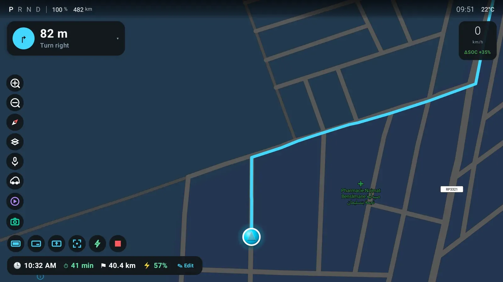 The Map tab on the head unit: a dark map with the planned route drawn in blue, a turn banner reading 82 m Turn right, gear P, 100 % and 482 km along the top, and a bar at the bottom reading 10:32 AM, 41 min, 40.4 km, 57 %