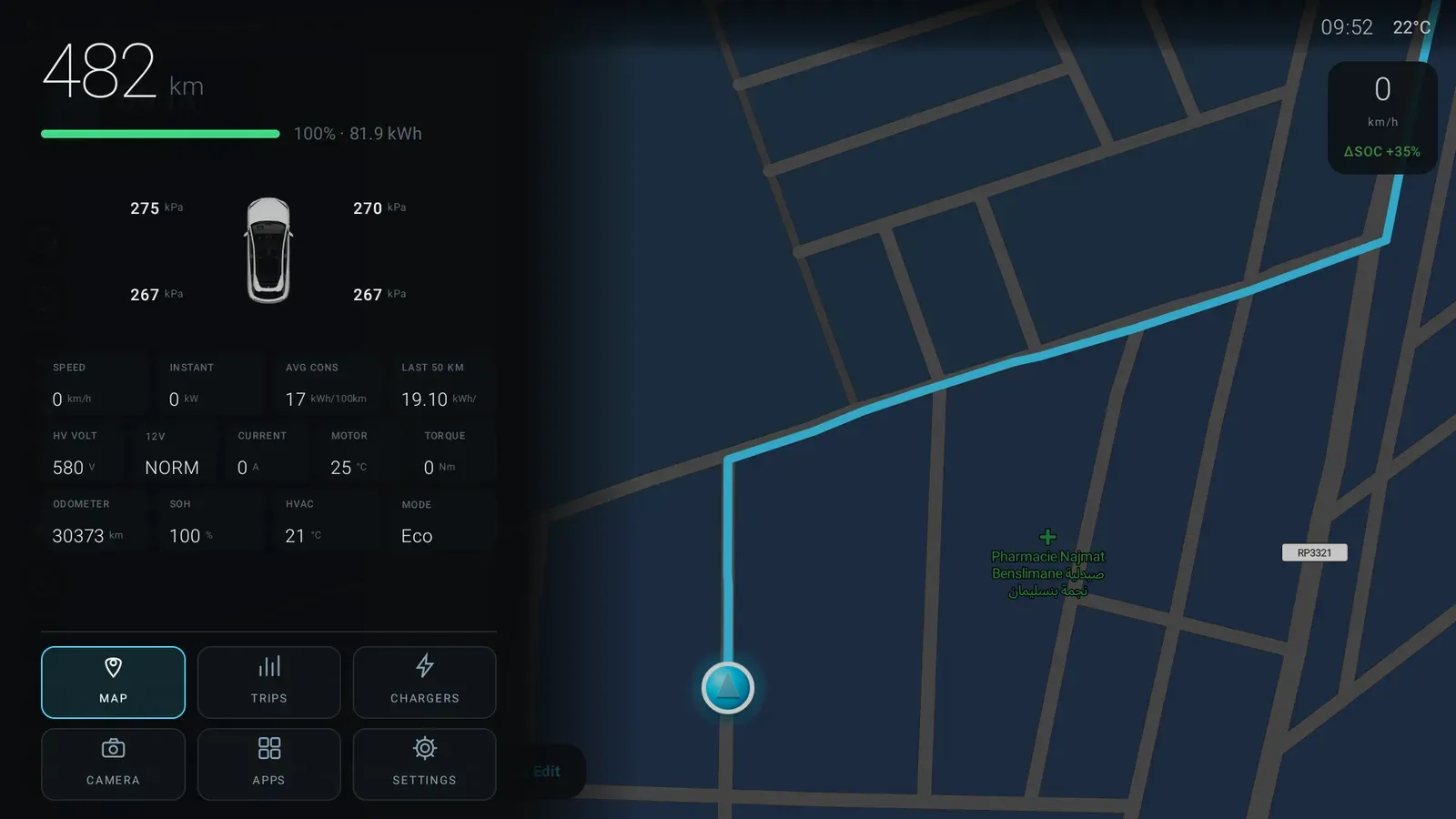 The app’s car panel showing 482 km range, 100 per cent and 81.9 kWh, four tyre pressures around a car diagram, and tiles for speed, instant power, average consumption, HV voltage, 12V state, current, motor temperature, torque, odometer, state of health, HVAC and drive mode