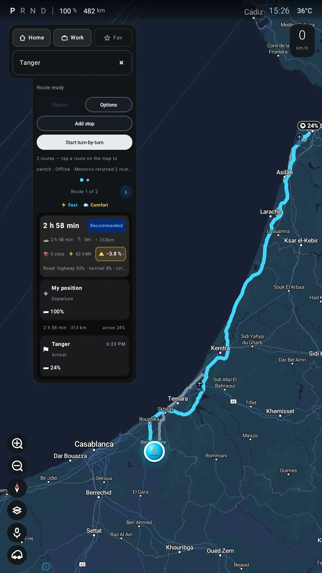Trip planner for a 313 km route from Benslimane to Tanger: 2 hours 58 minutes, no charging stop needed, 63 kWh, arrival at 24 percent, with a terrain pill reading minus 3.8 percent and a note that the offline Morocco pack returned two routes.