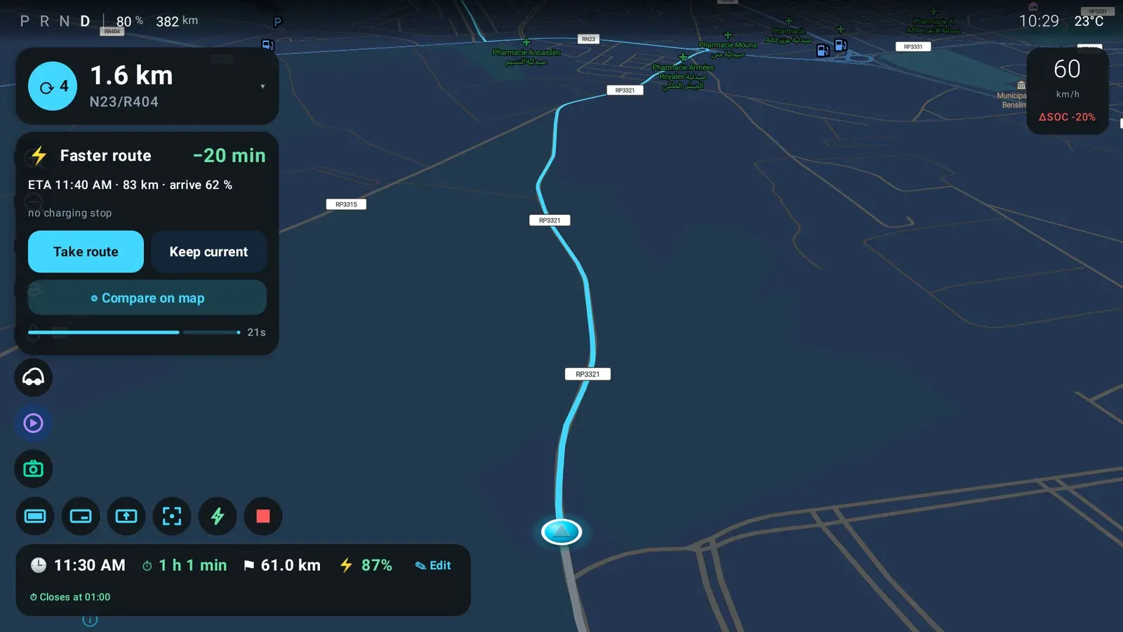 The faster-route card on the head unit: Faster route −20 min, ETA 11:40 AM, 83 km, arrive 62 %, no charging stop, with Take route and Keep current buttons, a Compare on map link and a countdown bar reading 21 s