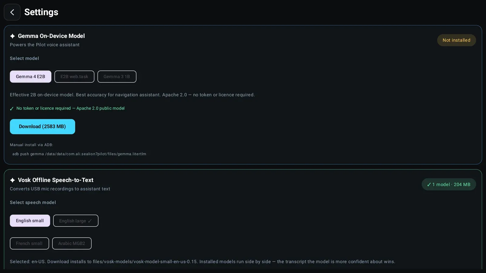 The Settings tab: a Gemma On-Device Model card marked Not installed offering Gemma 4 E2B with a Download 2583 MB button, and a Vosk Offline Speech-to-Text card marked one model, 204 MB