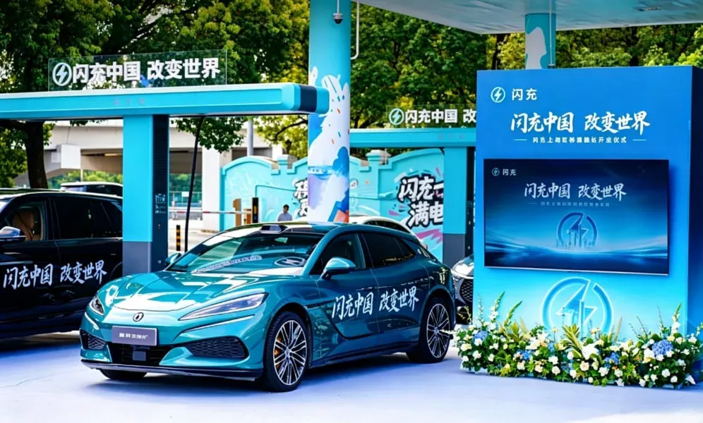 The Shanghai Hongqiao Flash Charging flagship station on its opening day: turquoise canopies over charging bays, a Denza saloon parked under them and a screen carrying the slogan 闪充中国 改变世界
