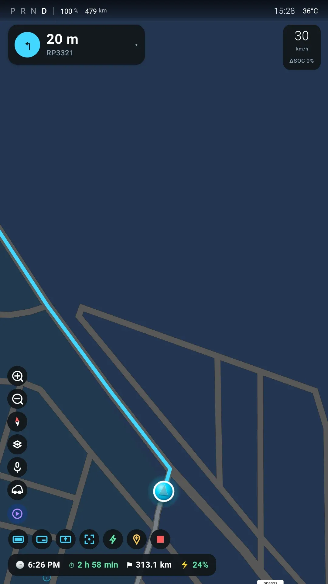 Turn-by-turn navigation: next manoeuvre in 20 m onto RP3321, a 30 km/h speed pill showing delta SOC 0 percent, and a bottom bar with arrival at 6:26 PM, 2 hours 58 minutes and 313.1 km remaining, arriving at 24 percent.